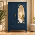 Wooden Wardrobe with Mirror  Navy Blue 2 Door Almirah with Floral Design, Drawer & Brass Handles  Bedroom Storage Cabinet