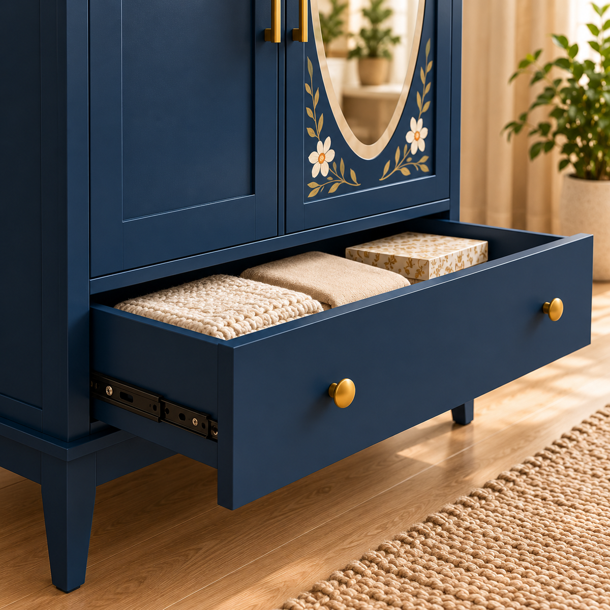 Wooden Wardrobe with Mirror  Navy Blue 2 Door Almirah with Floral Design, Drawer & Brass Handles  Bedroom Storage Cabinet