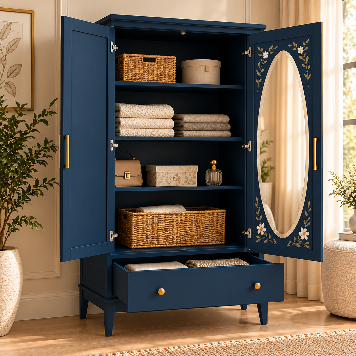 Wooden Wardrobe with Mirror  Navy Blue 2 Door Almirah with Floral Design, Drawer & Brass Handles  Bedroom Storage Cabinet