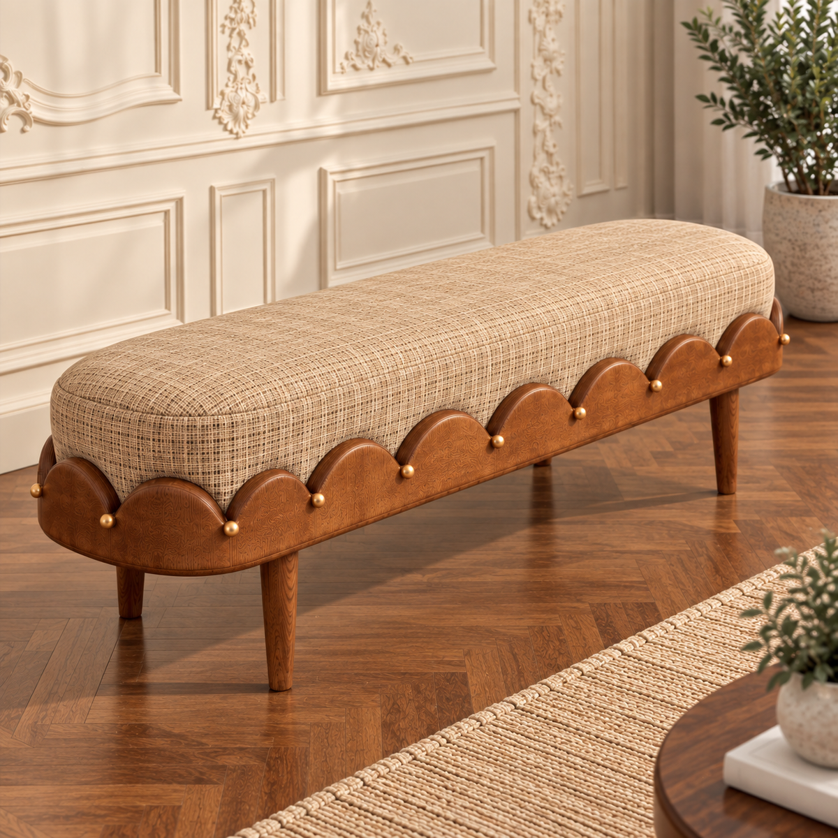 Wooden Upholstered Bench for Living Room | Solid Wood Ottoman Bench with Beige Fabric, Scalloped Design & Tapered Legs