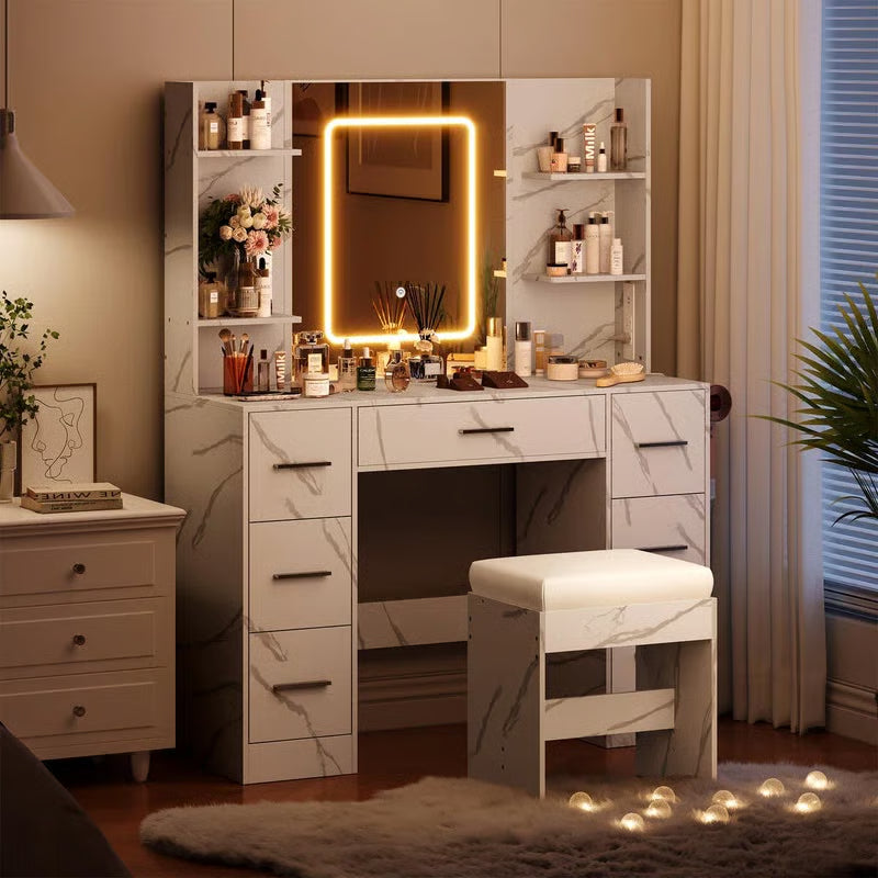 Wooden Makeup Vanity Table Set – LED Mirror, 7 Drawers, 6 Shelves, Hair Dryer Rack & Marble White Finish-OUCH CART |Dressing table 