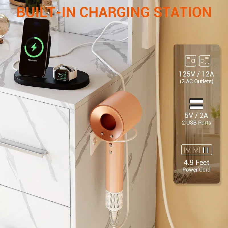 Wooden Makeup Vanity Table Set – LED Mirror, 7 Drawers, 6 Shelves, Hair Dryer Rack & Marble White Finish-OUCH CART |Dressing table