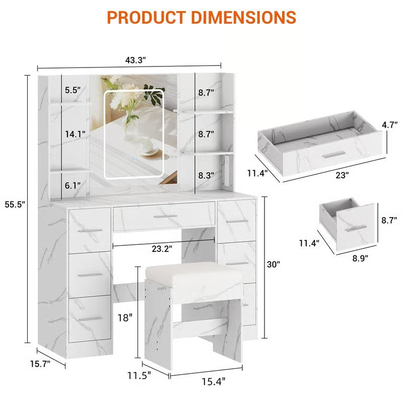 Wooden Makeup Vanity Table Set – LED Mirror, 7 Drawers, 6 Shelves, Hair Dryer Rack & Marble White Finish-OUCH CART |Dressing table 