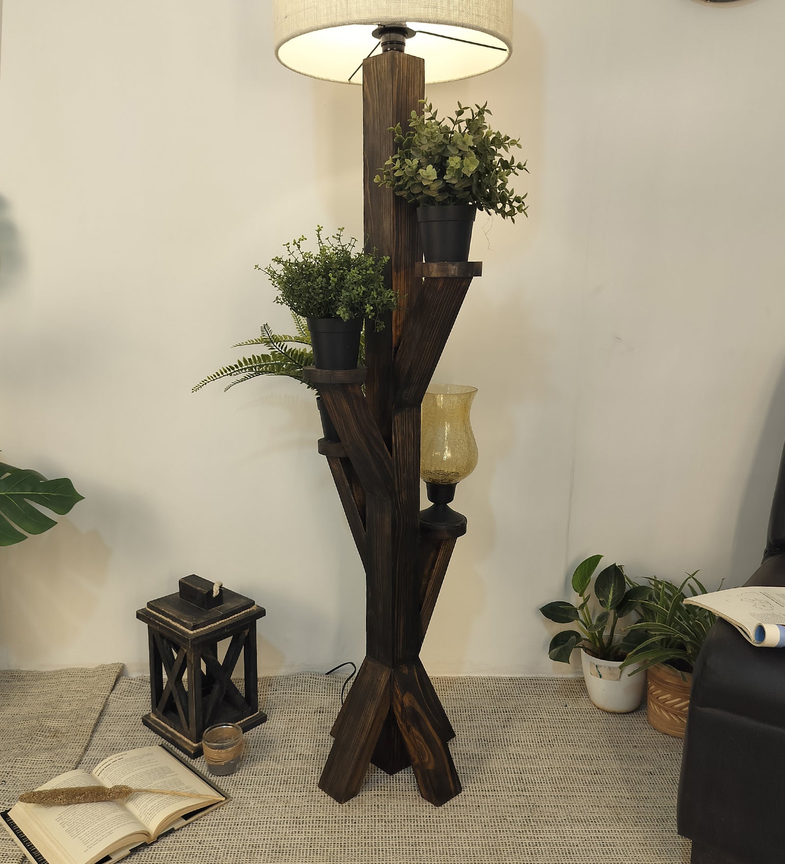 Woods Wooden Floor Lamp with Brown Base and Jute Fabric Lampshade