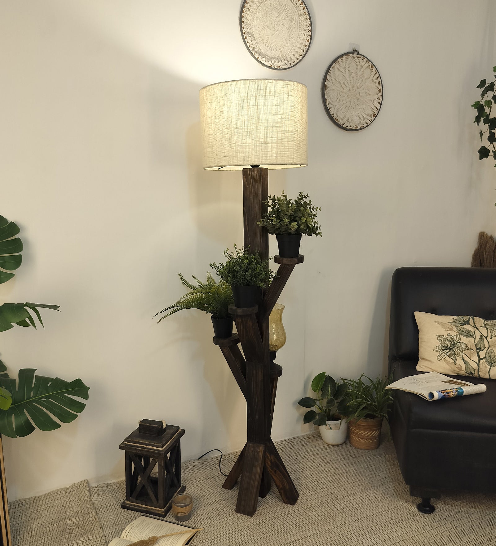 Woods Wooden Floor Lamp with Brown Base and Jute Fabric Lampshade