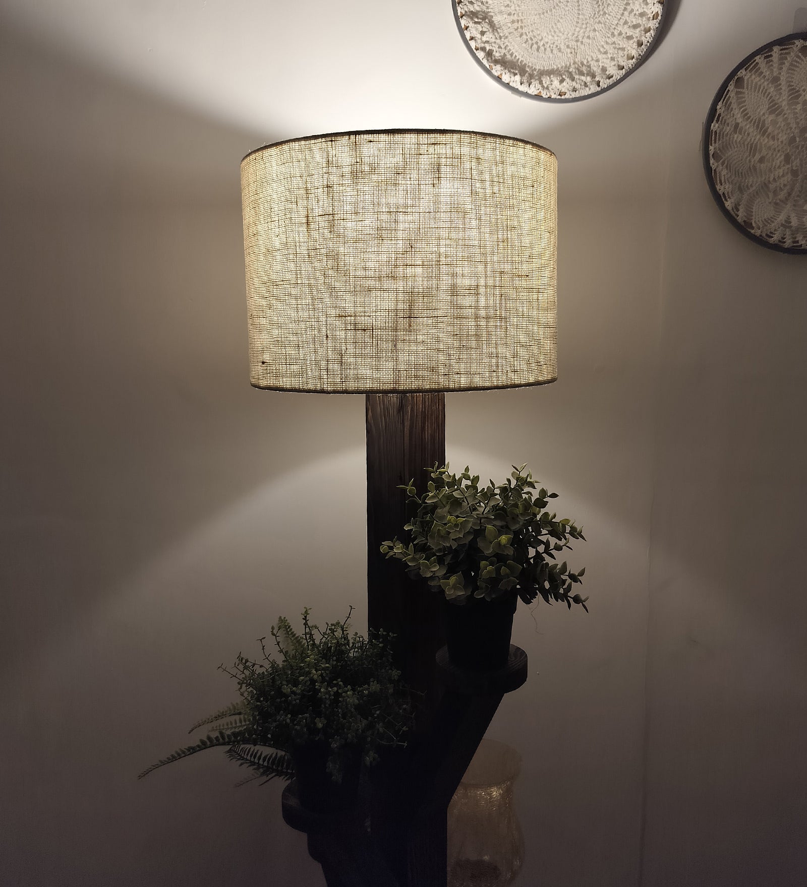 Woods Wooden Floor Lamp with Brown Base and Jute Fabric Lampshade