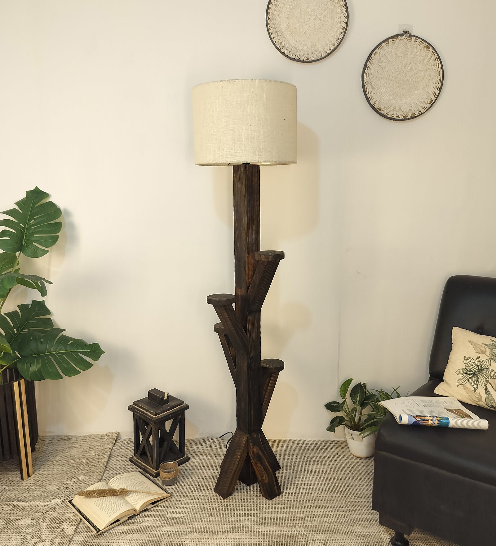 Woods Wooden Floor Lamp with Brown Base and Jute Fabric Lampshade