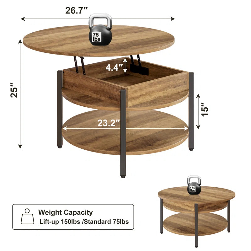 Small Round Lift-Top Coffee Table with Double-Layer Storage,