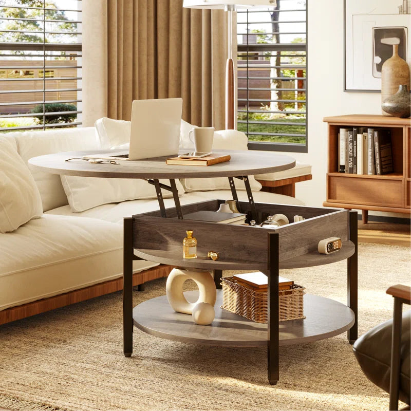 Small Round Lift-Top Coffee Table with Double-Layer Storage,