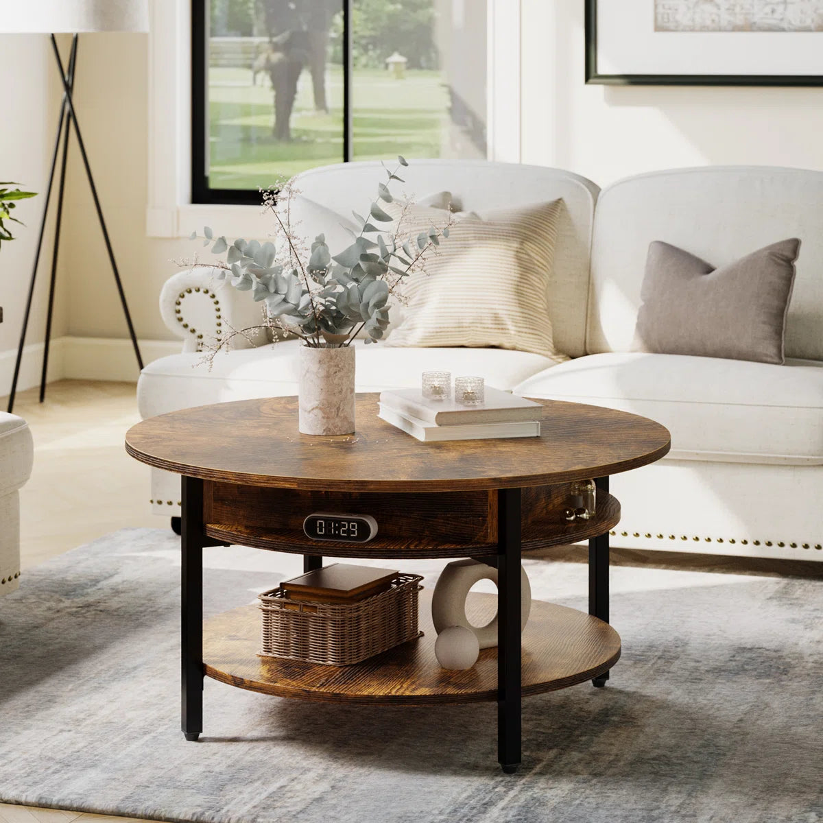 Round Lift-Top Coffee Table with Hidden Storage & Lower Shelf
