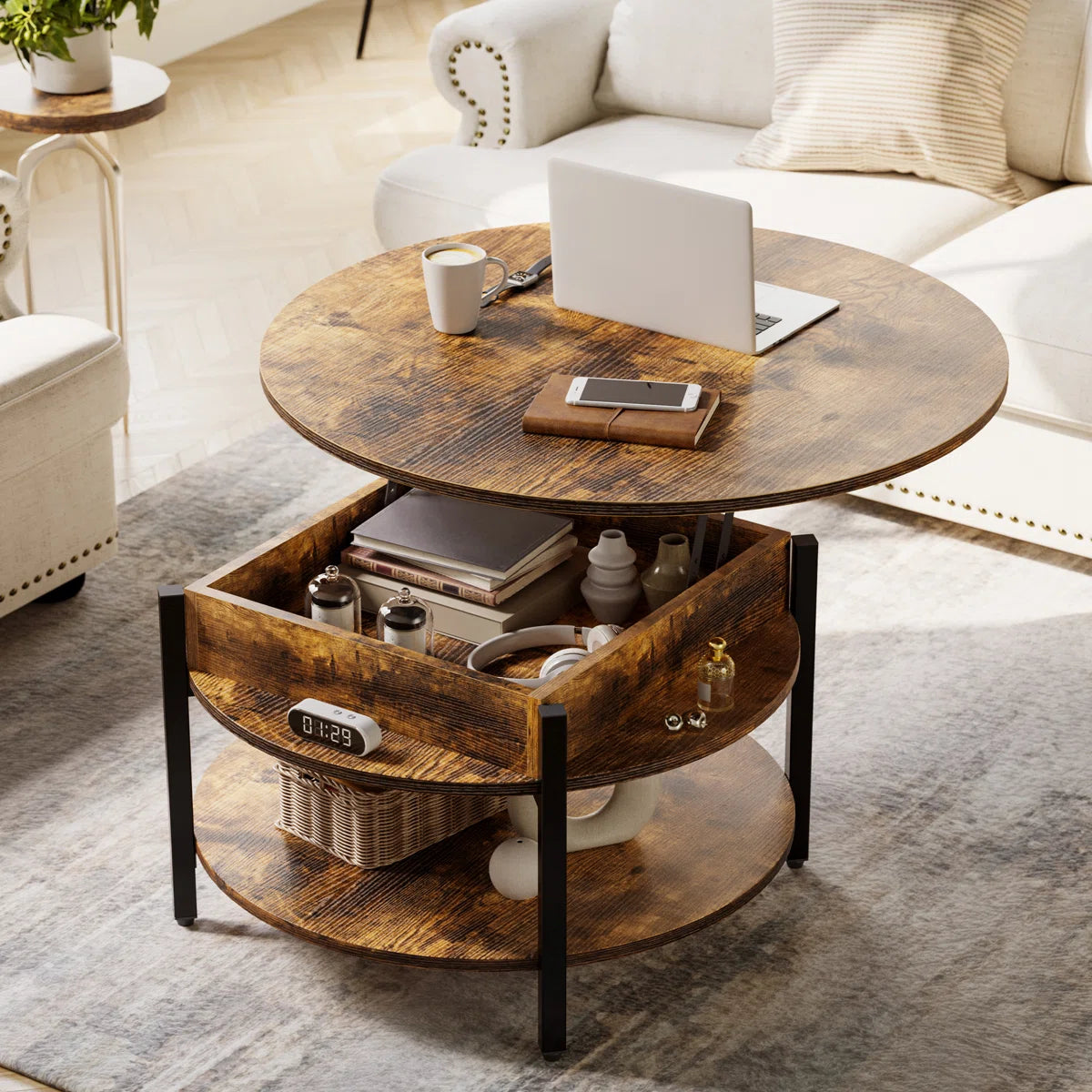 Round Lift-Top Coffee Table with Hidden Storage & Lower Shelf