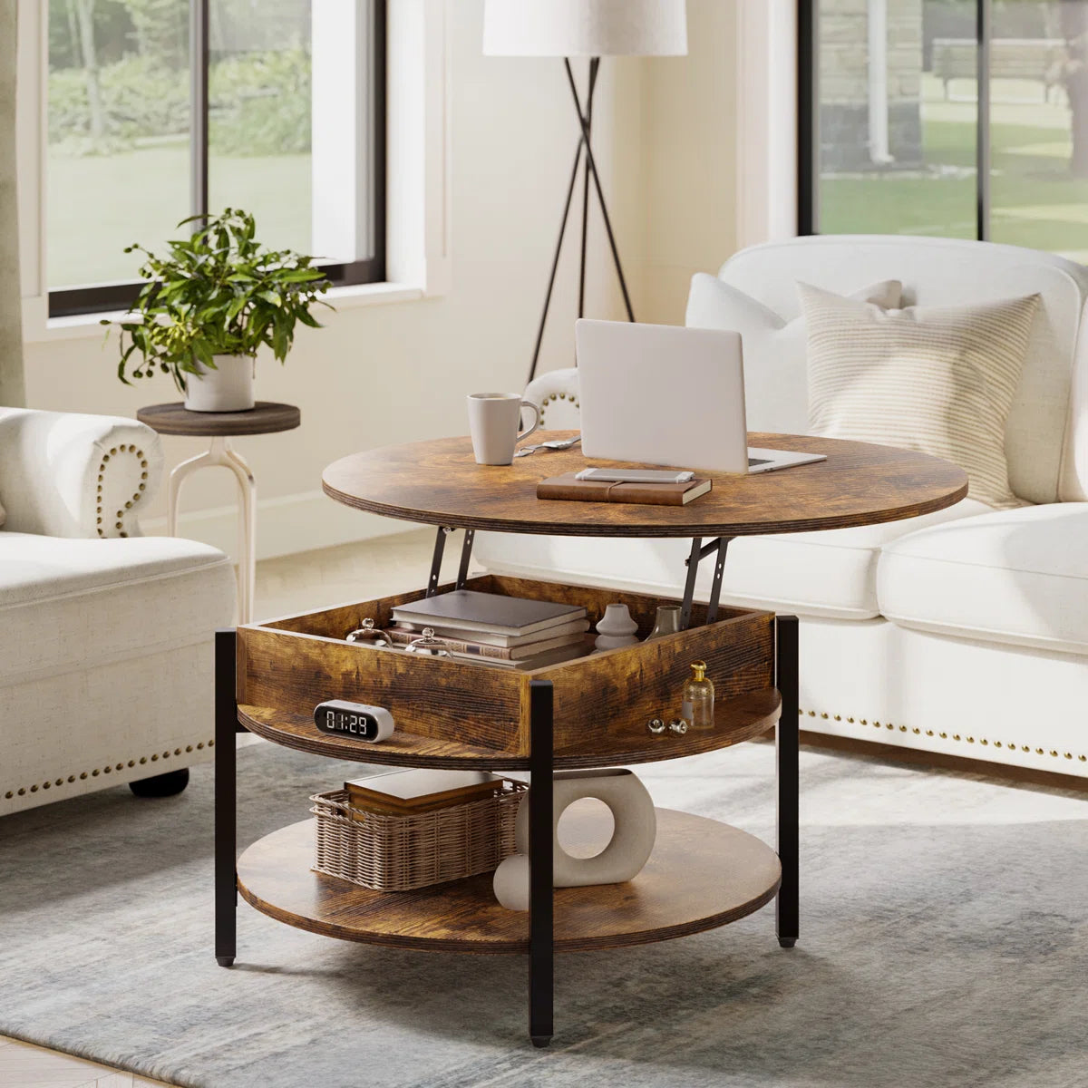 Round Lift-Top Coffee Table with Hidden Storage & Lower Shelf