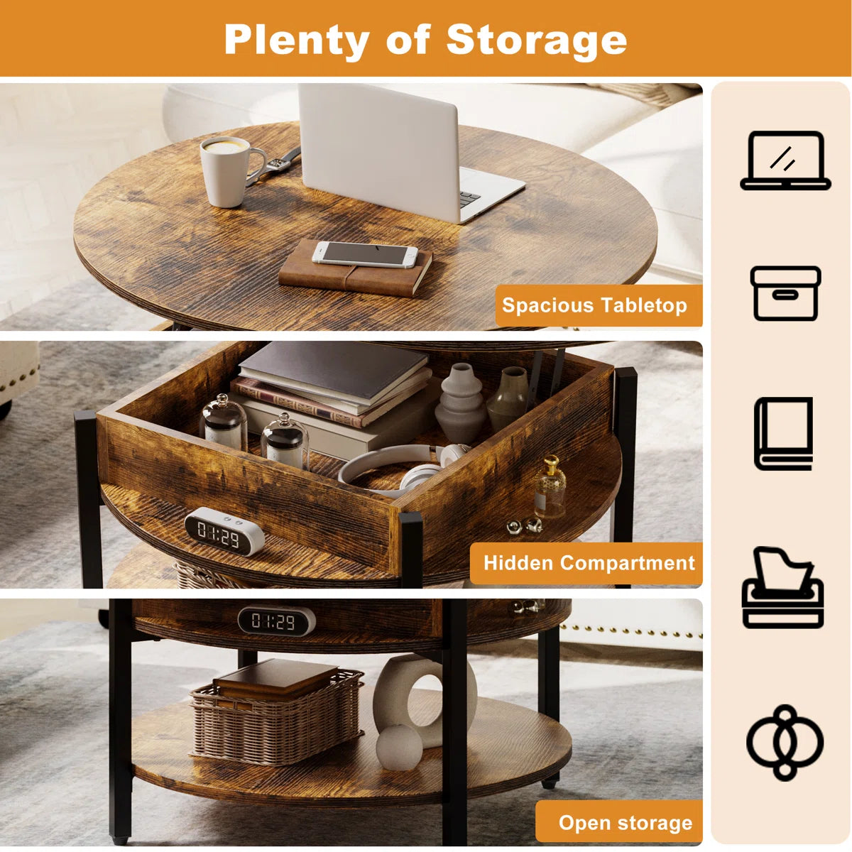 Round Lift-Top Coffee Table with Hidden Storage & Lower Shelf