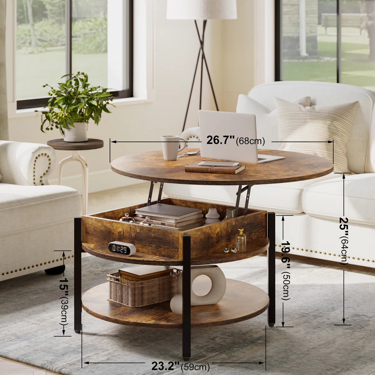 Round Lift-Top Coffee Table with Hidden Storage & Lower Shelf