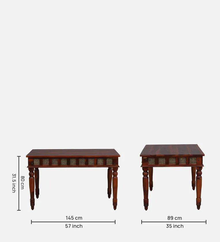 Sheesham Wood 6 Seater Dining Set In Scratch Resistant Honey Oak Finish With Brass Cladding