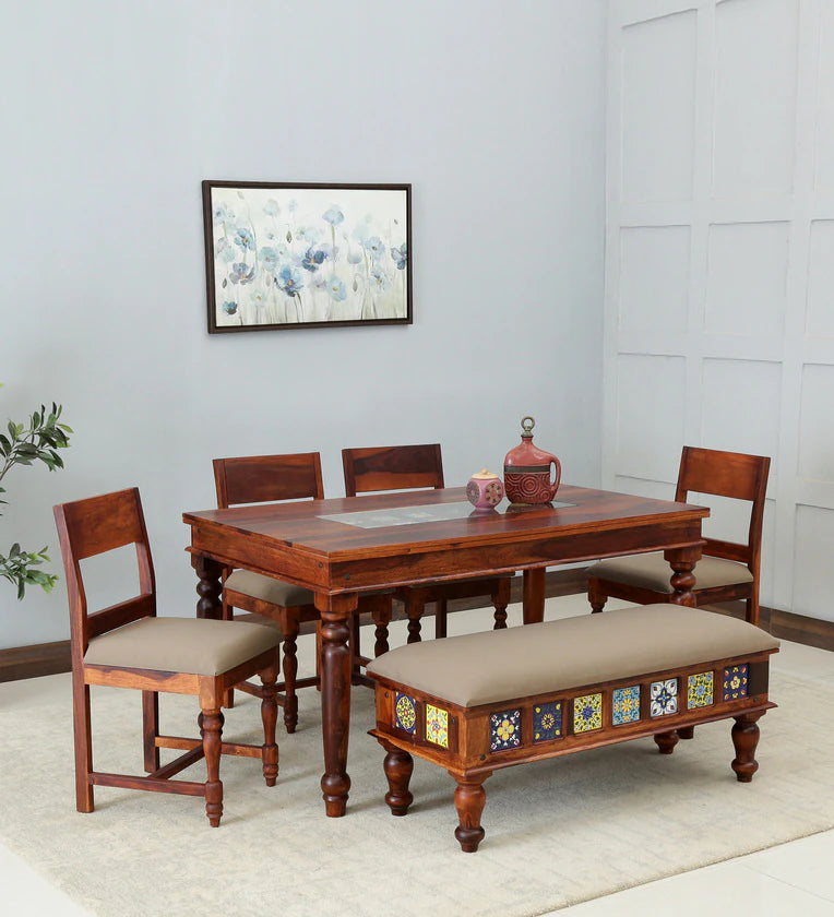 Sheesham Wood 6 Seater Dining Set In Honey Oak Finish With Cushioned Bench