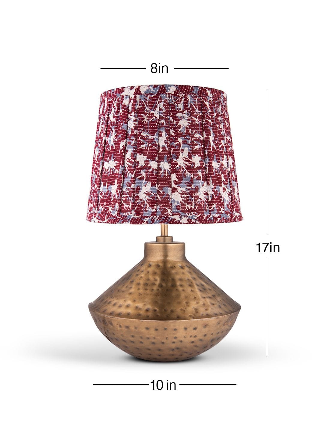 Golden Hammered Urn Lamp with Pleeted Multicolor Maroon Shade