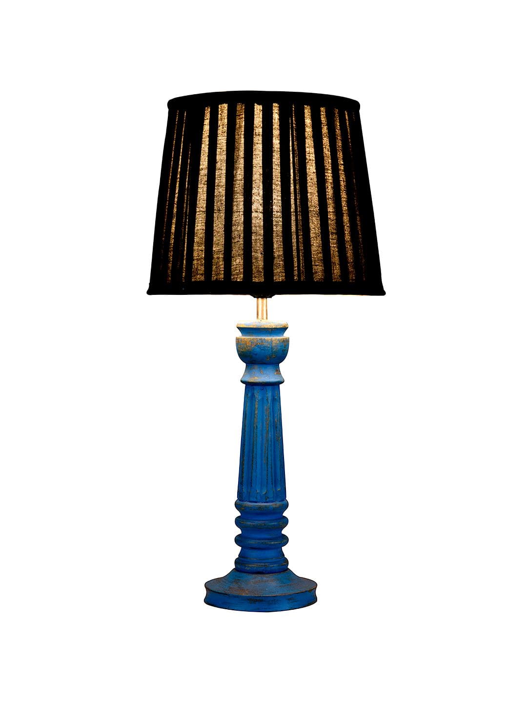 Wooden Pillar Blue lamp with pleeted Black Soft Shade