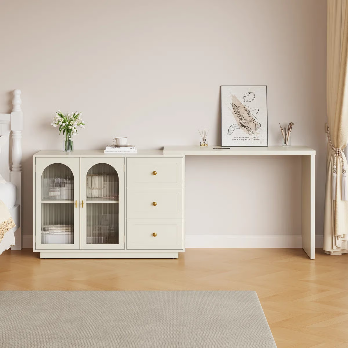 Extendable Makeup Vanity – Yokota Desk with 3 Drawers & 2 Acrylic Doors for Bedroom