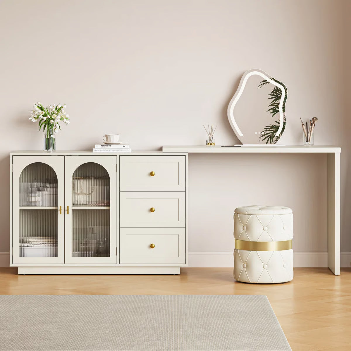 Extendable Makeup Vanity – Yokota Desk with 3 Drawers & 2 Acrylic Doors for Bedroom- OUCH CART | Dressing table