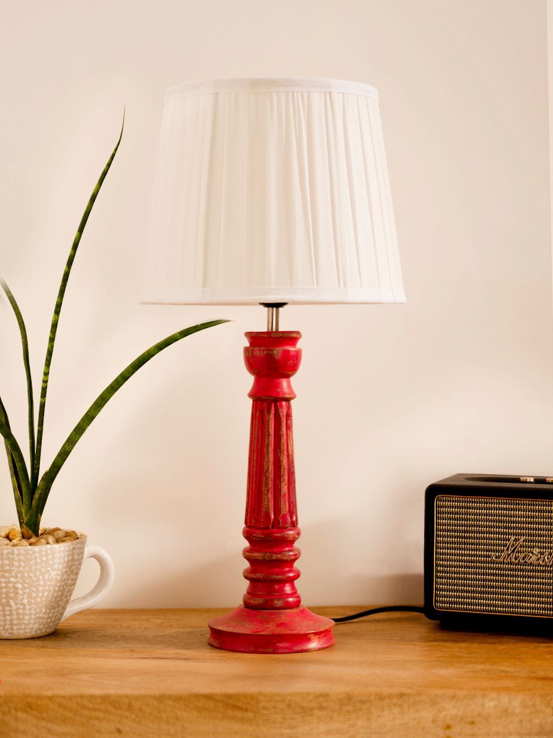 Wooden Pillar Pink lamp with pleeted White Soft Shade