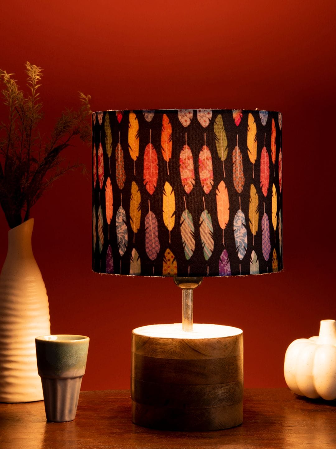 Wooden Brown Log Lamp with Colorful Feathers Shade