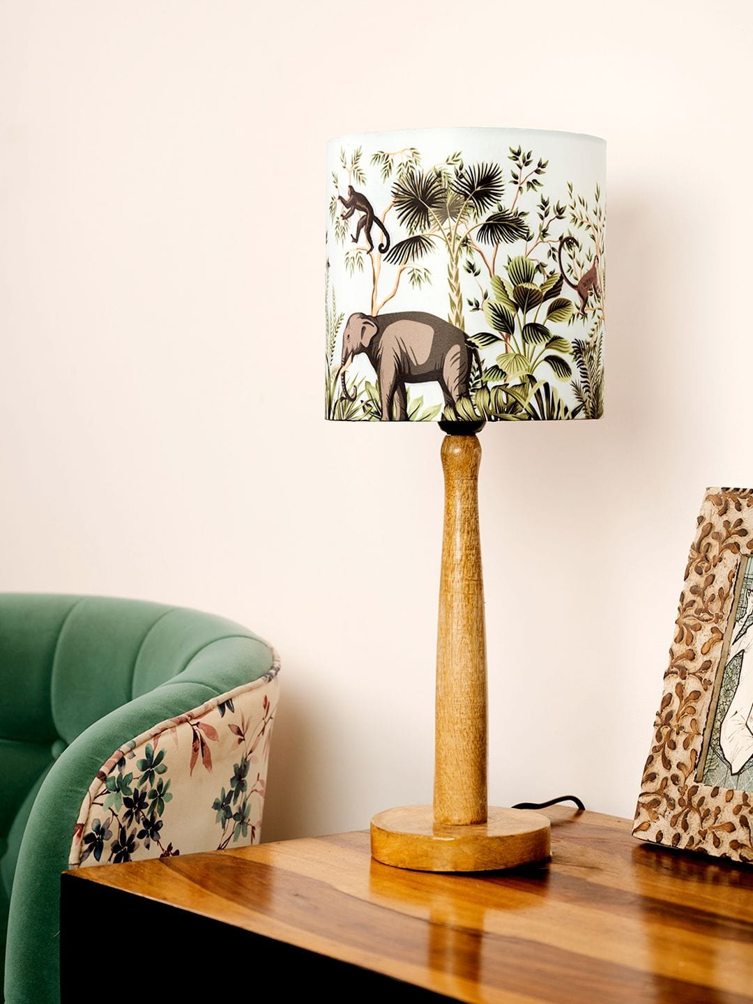 Wooden Brown Lamp with Jungle Print Shade