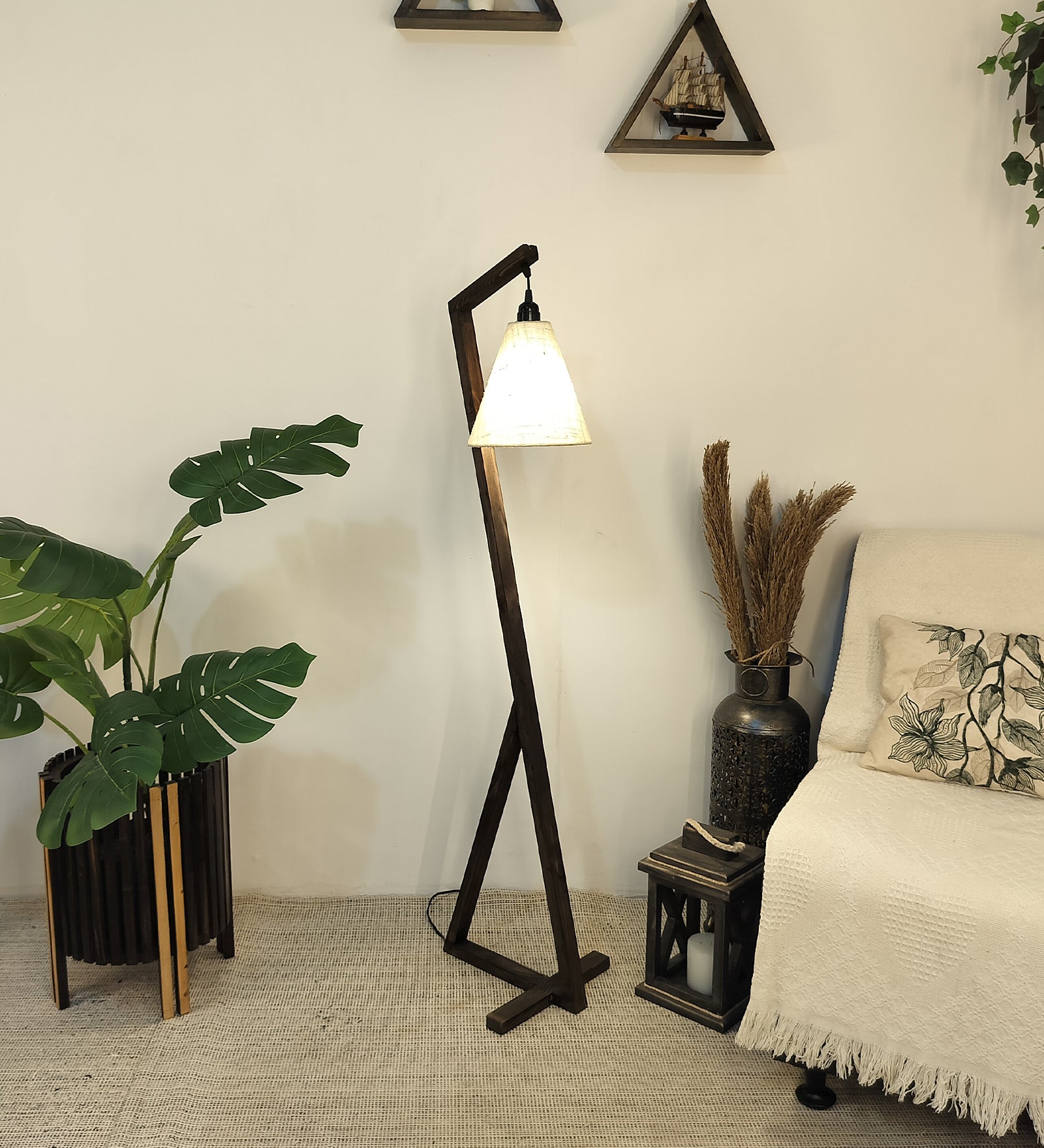 Hinge Wooden Floor Lamp with Brown Base and Beige Fabric Lampshade (BULB NOT INCLUDED)