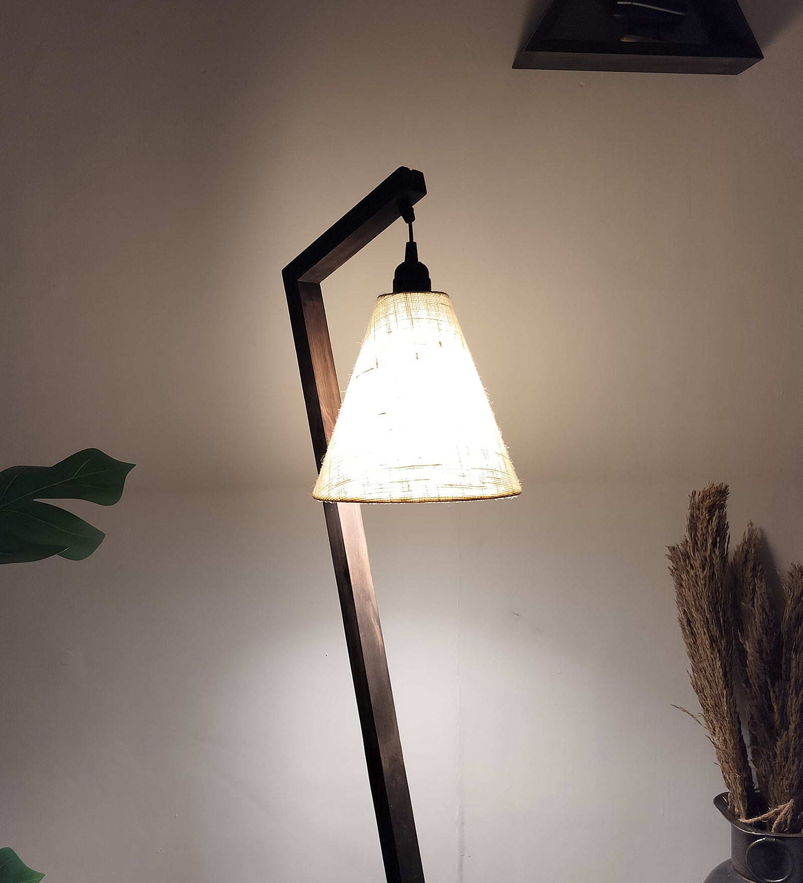 Hinge Wooden Floor Lamp with Brown Base and Beige Fabric Lampshade (BULB NOT INCLUDED)