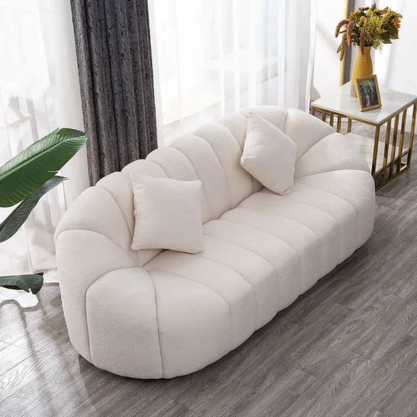 Janice Oval Boucle White Upholstered 3-Seater Sofa