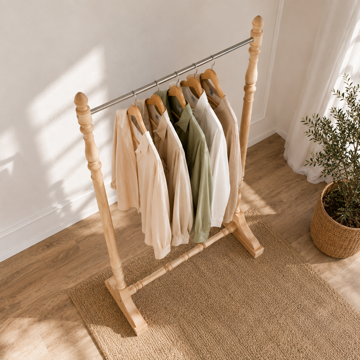 Ouch Cart Wooden Clothes Rack | Freestanding Garment Stand with Hanging Rod for Bedroom