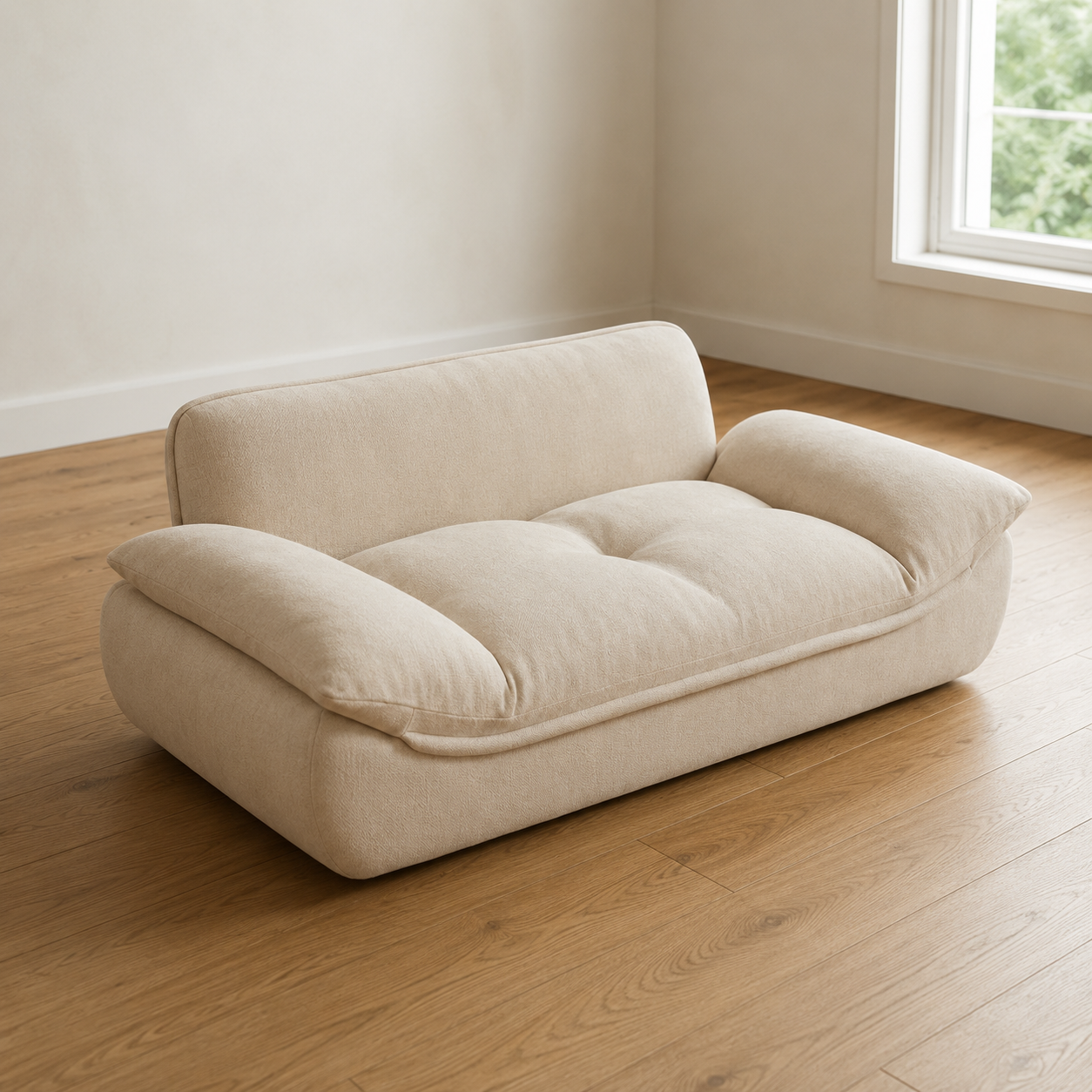 Modern Beige Plush Fabric Sofa | Deep Seat Upholstered 2-Seater Living Room Couch with Oversized Cushioned Armrests