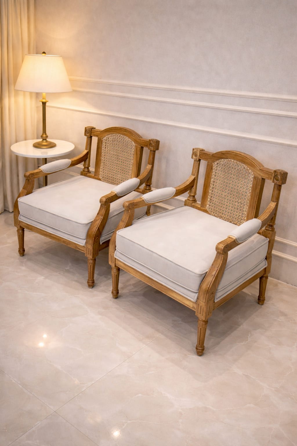 French Style Solid Mahogany Armchair Set of 2 with Rattan Back & Ivory Upholstery | Antique White Washed Accent Chairs