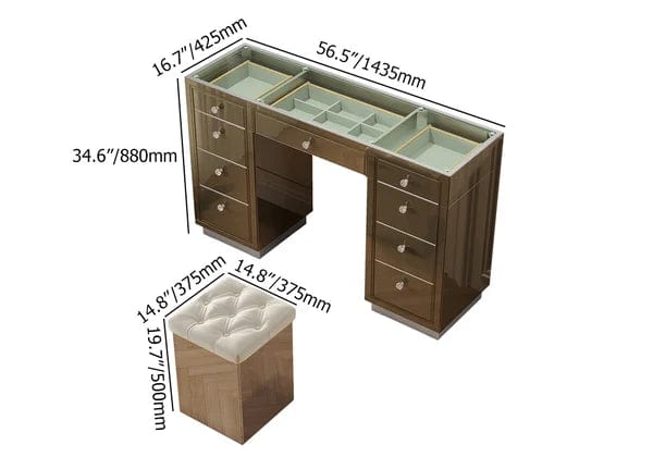 Oscar Mirrored Makeup Vanity Set 9-Drawer Dressing Table with Glass Top & Jewelry Storage with Desk and Stool Makeup Vanity Table