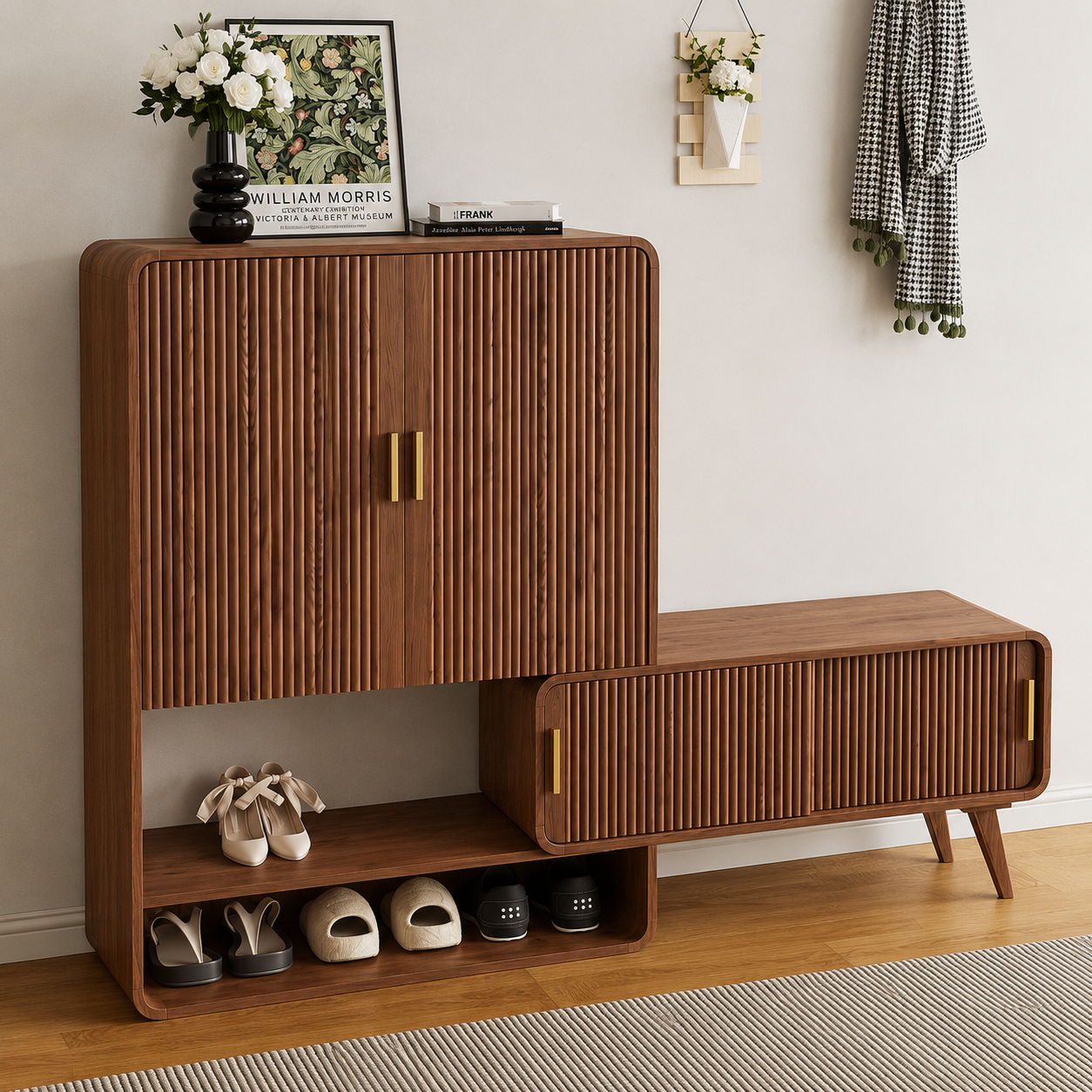 Modern Wooden Shoe Storage Cabinet with Bench | Entryway Shoe Organizer with Closed Cabinet & Open Shelf