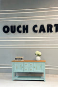 Vintage Teal Wooden Sideboard Cabinet with Natural Wood Top | Storage Console Unit