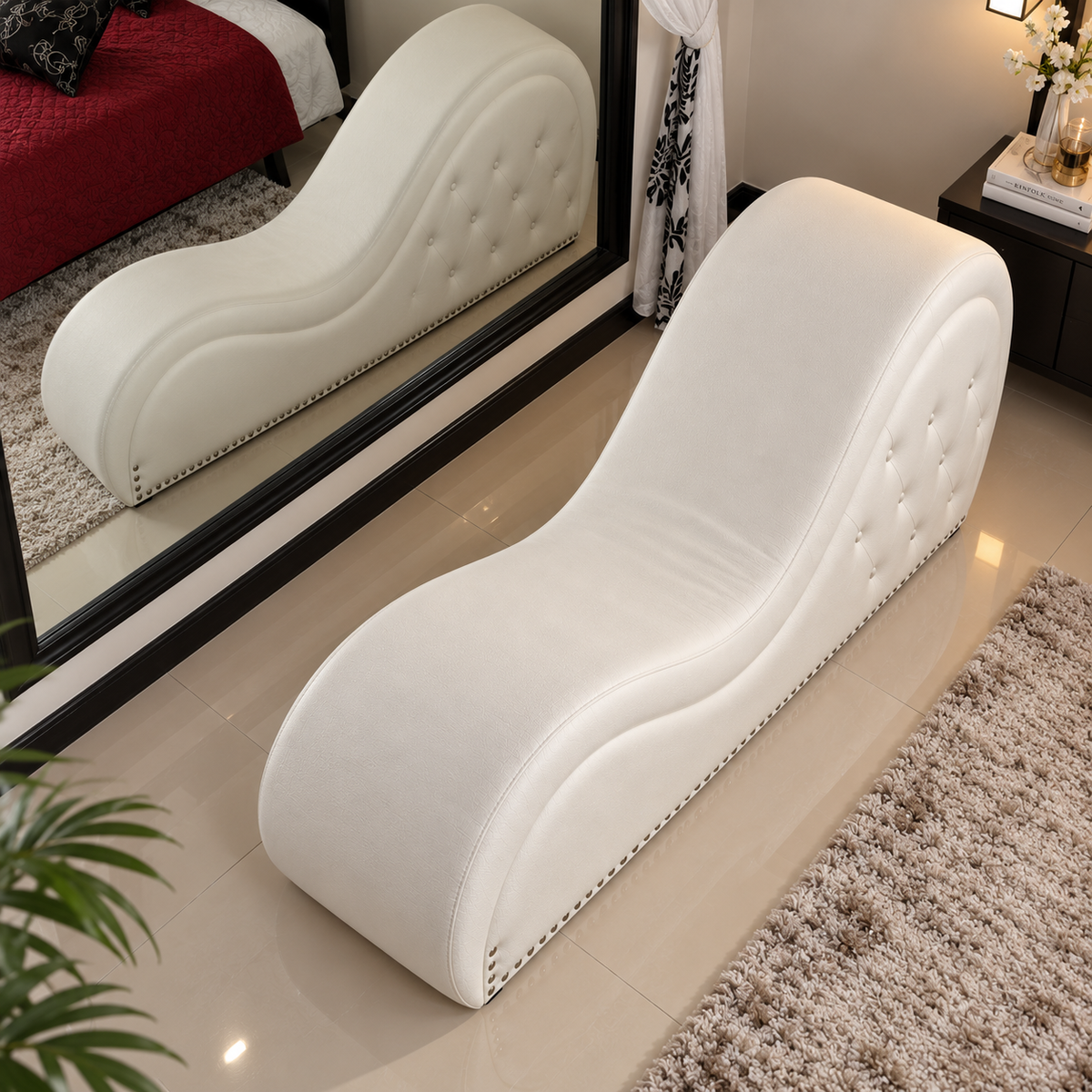 Luxury Dark Red Chaise Lounge | Modern Tufted Upholstered Bedroom Relaxation Sofa