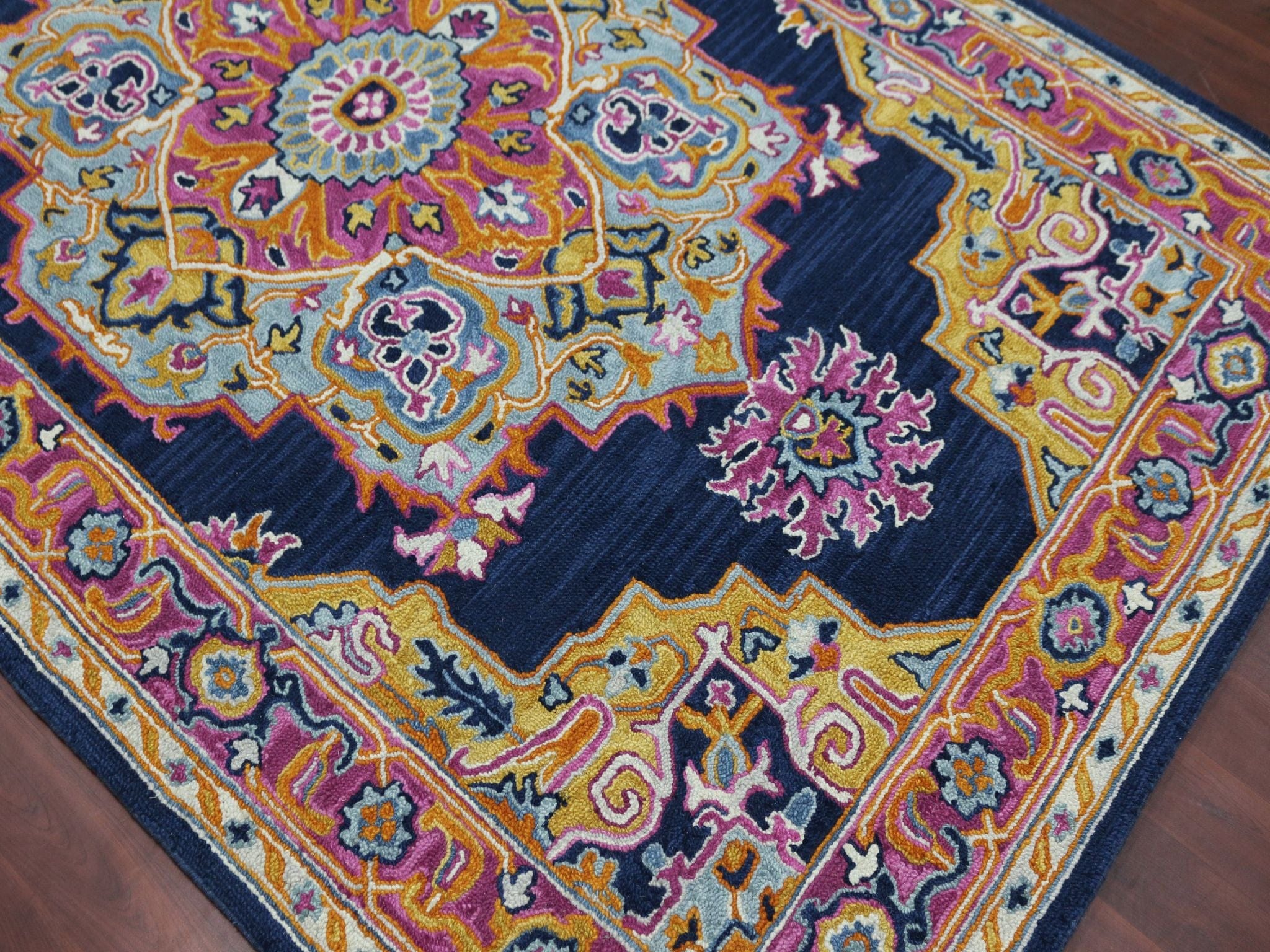 Navy Wool Boho 5x8 Feet  Hand-Tufted Carpet - Rug