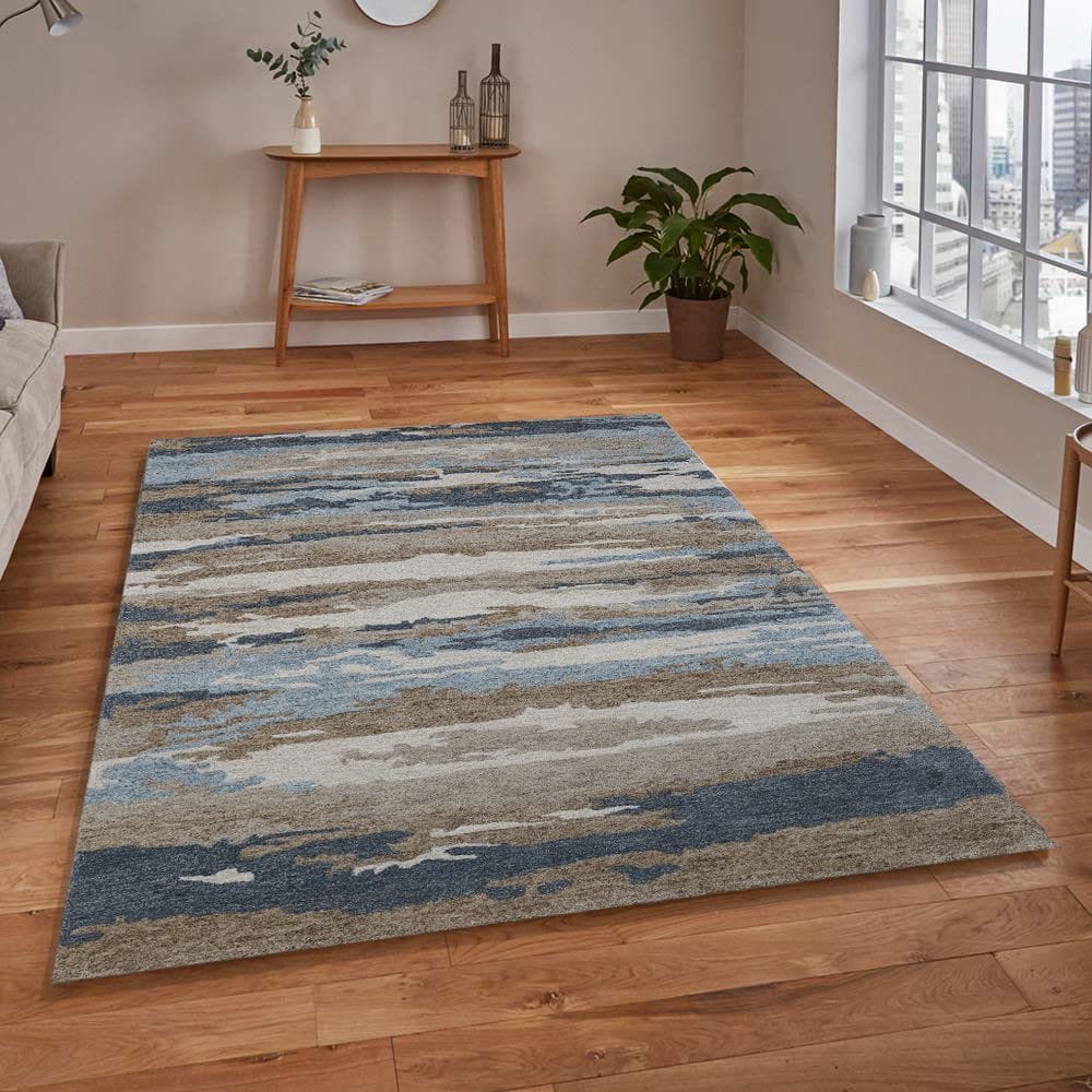 Water Blue Wool & Viscose Abstract 4x6 Feet  Hand-Tufted Carpet - Rug
