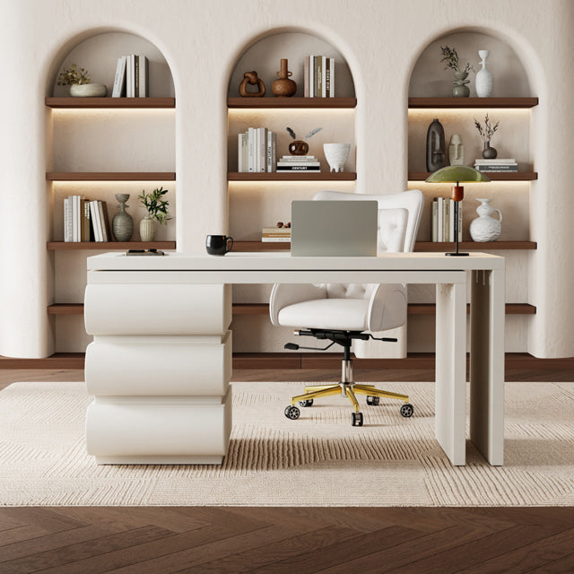 Modern Cream L-Shaped Computer Desk with Reversible Corner Design & PU Leather Storage Drawers