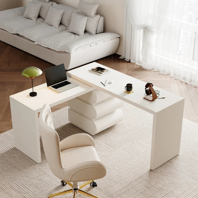 Modern Cream L-Shaped Computer Desk with Reversible Corner Design & PU Leather Storage Drawers