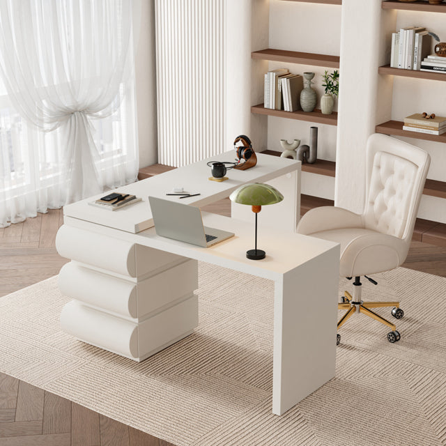  Modern Cream L-Shaped Computer Desk with Reversible Corner Design & PU Leather Storage Drawers