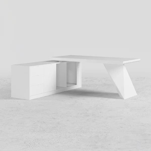 Ren White L-Shape Executive Desk Drawers & Cabinet Large Office Desk Left Hand