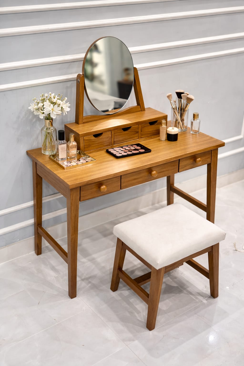 Classic 6-Drawer Vanity Set with Tilt Mirror & Upholstered Stool