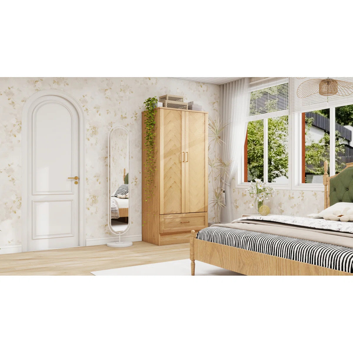 2-Door Solid Wood Wardrobe Closet Armoire with Drawer Hanging Rod Natural Finish