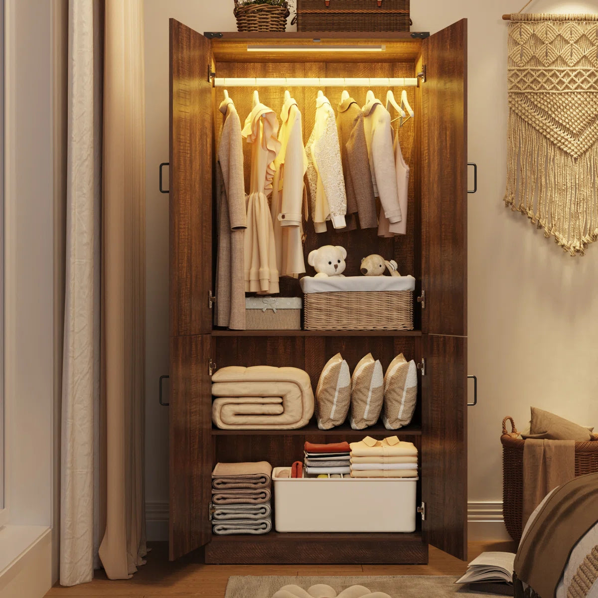 Wooden Farmhouse 2-Door Wardrobe Armoire Closet with LED Lights for Bedroom