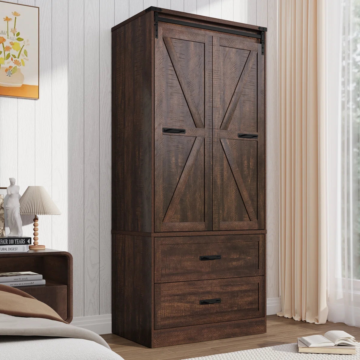 Farmhouse 72.8 Inch Armoire Wardrobe Closet with Sensor Light 2 Drawers and Hanging Rod