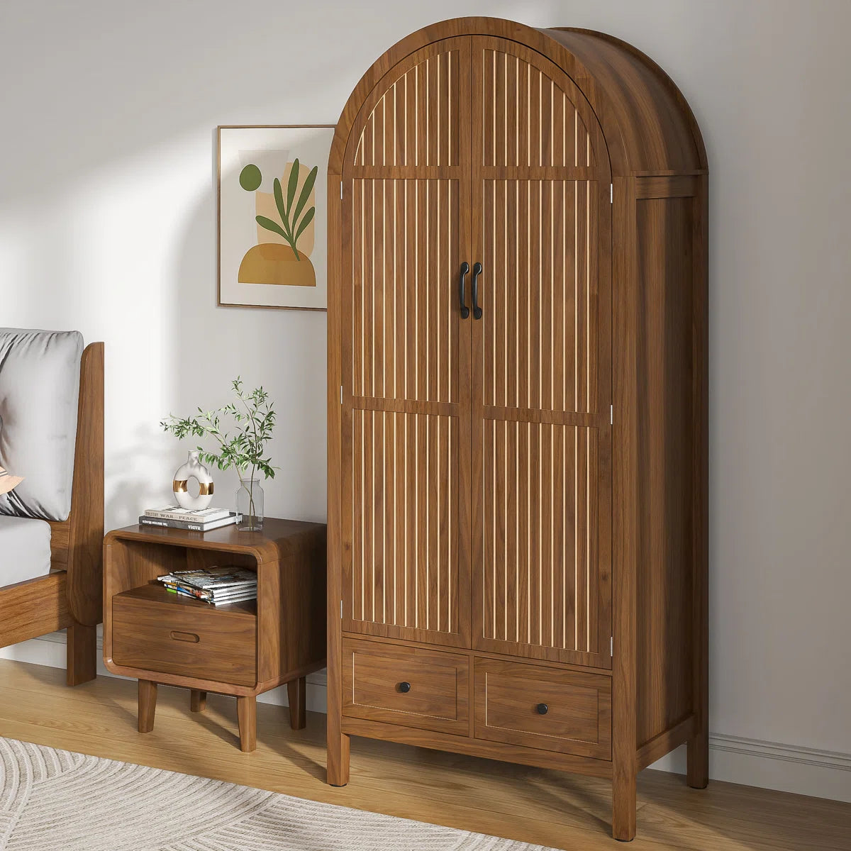 Spacious Armoire Wardrobe Closet with 2 Arched Fluted Doors, Drawers, Shelves, and Hanging Rod-OUCH CART | Wardrobe