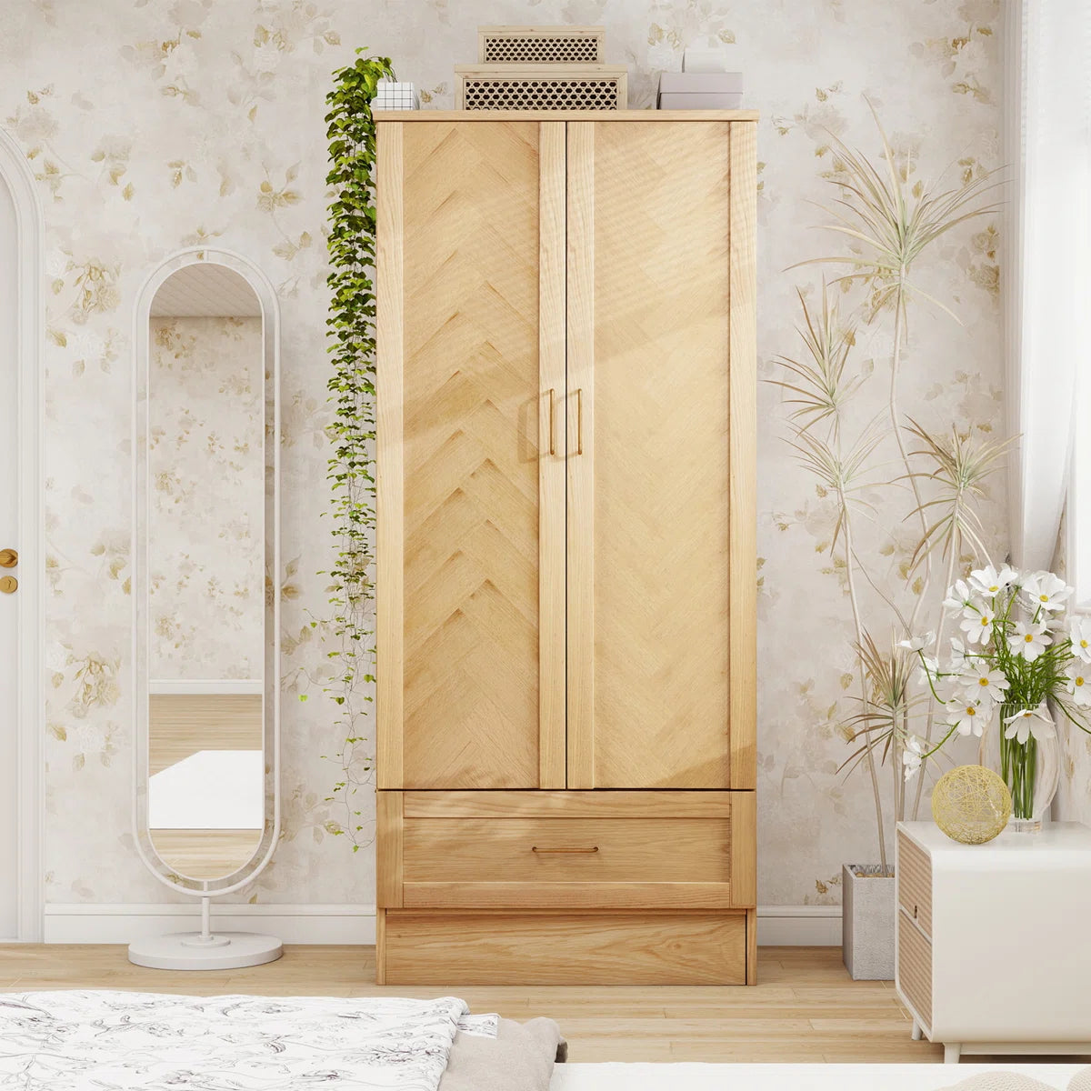 2-Door Solid Wood Wardrobe Closet Armoire with Drawer Hanging Rod Natural Finish-OUCH CART | Wardrobe 