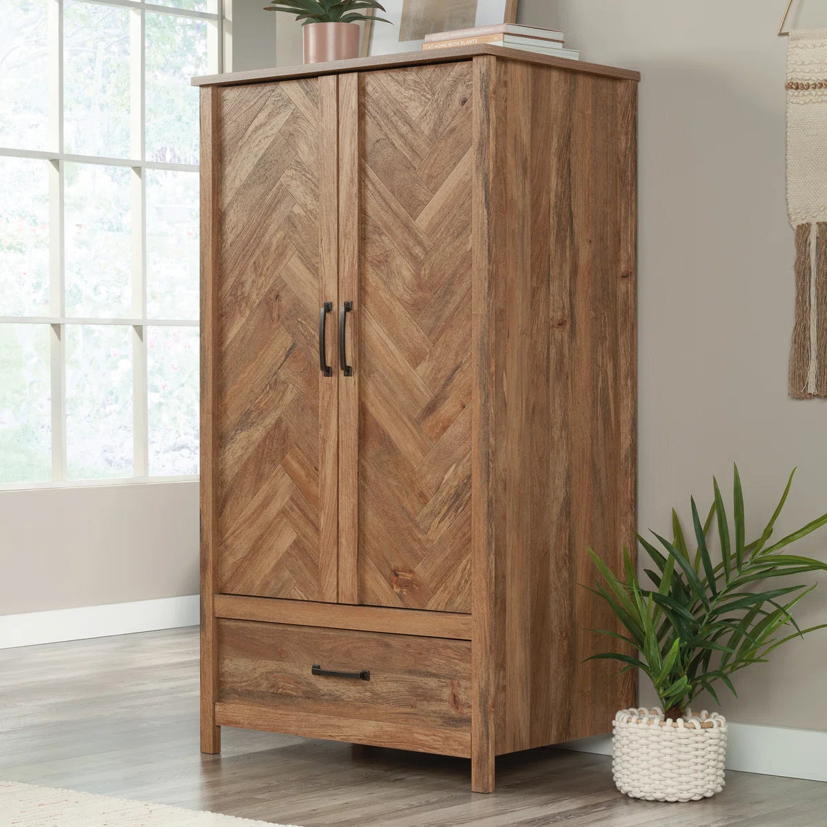 Elegant 2-Door Wooden Armoire Wardrobe with 3 Storage Shelves